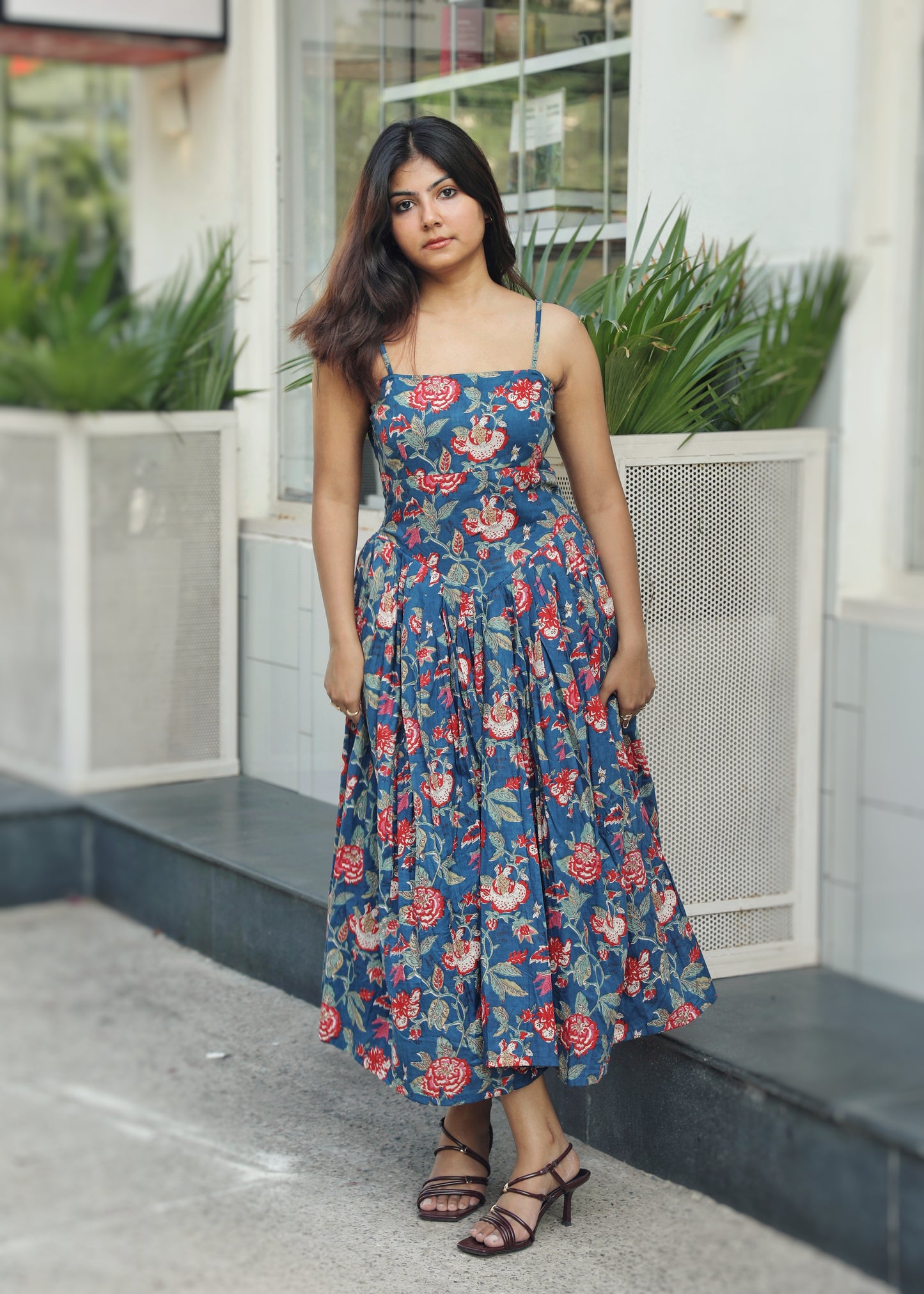 Naina Blue Cotton Midi Dress