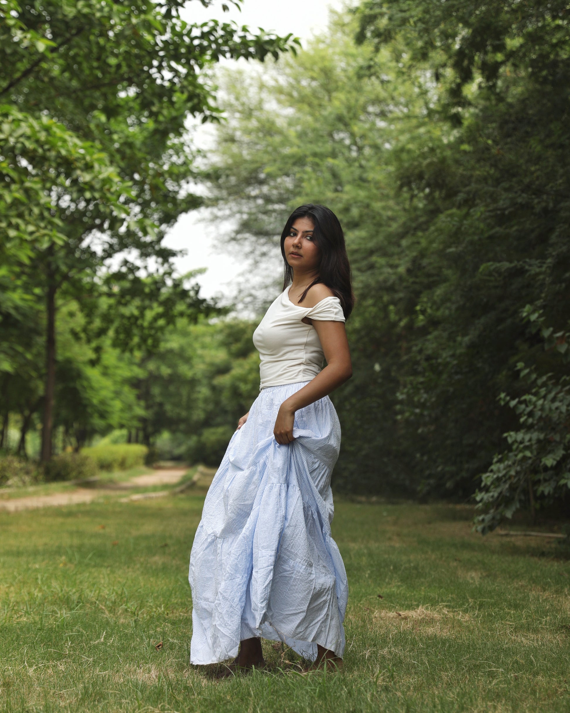 Lightweight blue and white cotton skirt with a relaxed fit
