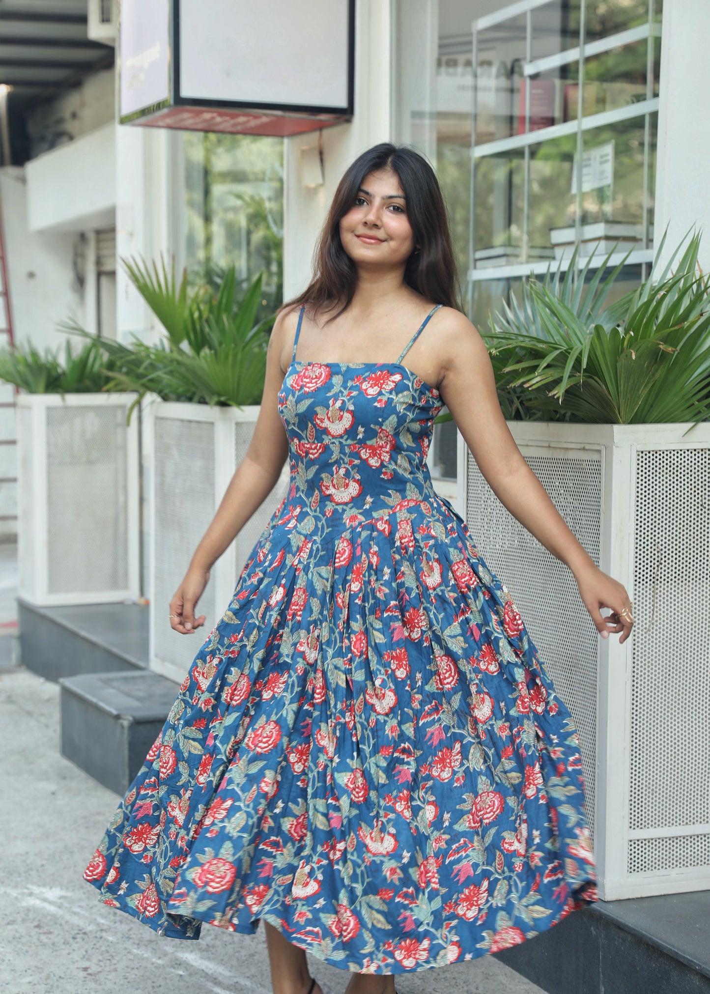 Naina Blue Cotton Midi Dress