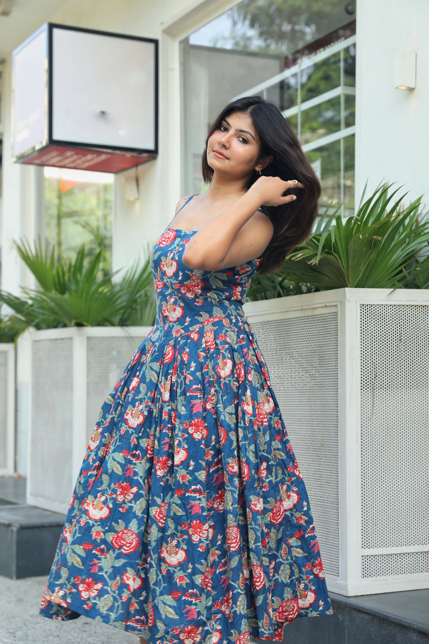 Naina Blue Cotton Midi Dress