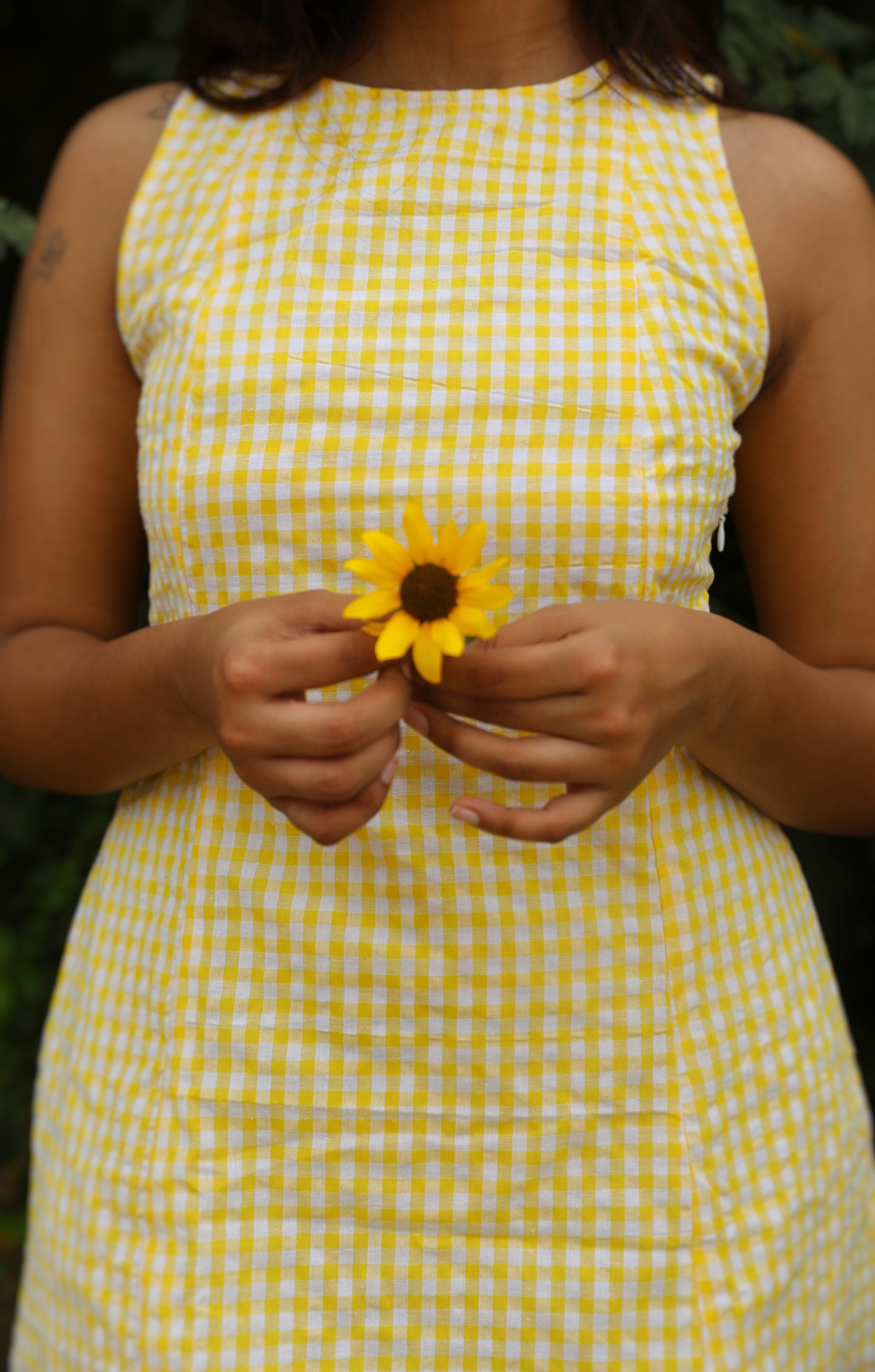 Casual yellow gingham dress with clean straight cut and summer vibe