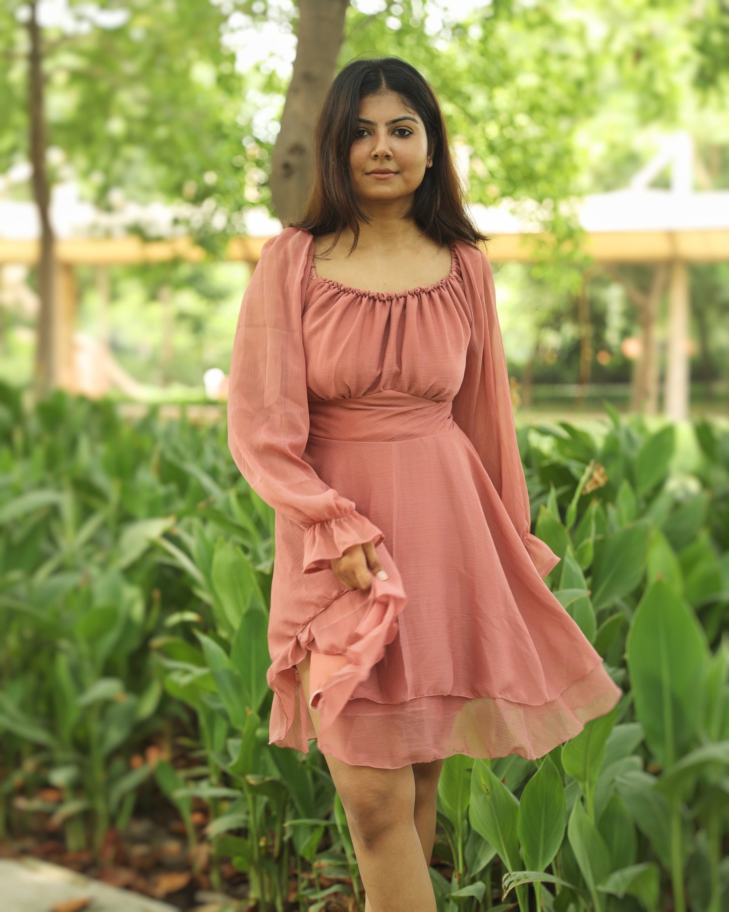 Pink ruffle chiffon dress for women – lightweight and flowy party wear