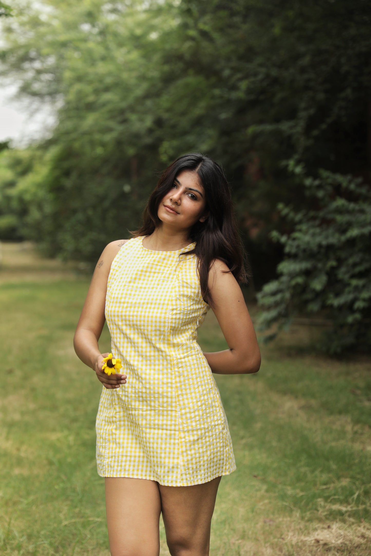 Casual yellow gingham dress with clean straight cut and summer vibe
