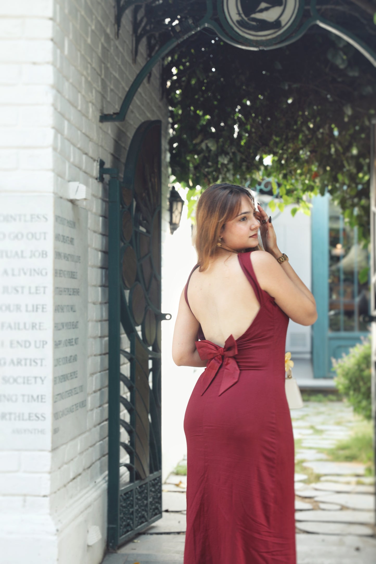 Tamara Wine bow maxi dress