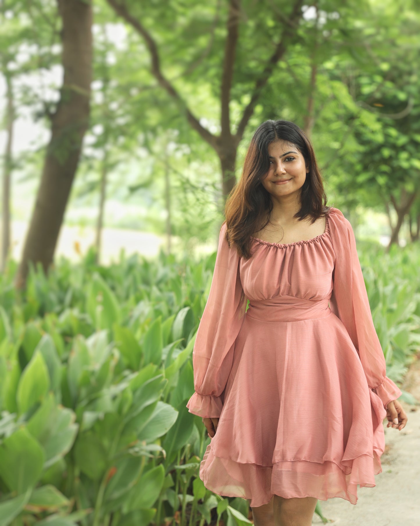 Flowy pink chiffon ruffle dress – trendy party wear dress for women