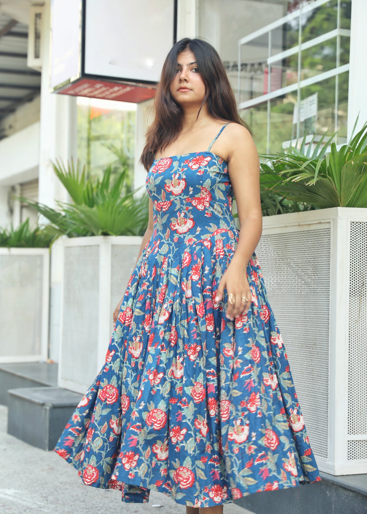 Naina Blue Cotton Midi Dress
